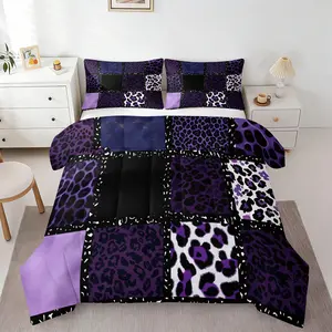 Purple Black Leopard Print Patchwork Quilted Comforter Set, Include One Quilt Core and 1/2 Pillowcases, Soft Breathable Bedding with Cool Trendy Design, Cozy Warm Bed Set for Bedroom All Season