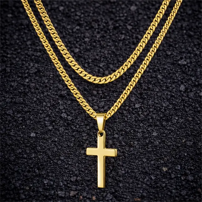 Stainless Steel Layered Double Chain Necklace, Minimalist Cross Chain Design Christian Faith Pendant, Unisex Religious Street Style Jewelry with 2 Lengths, Birthday Gift Choice, Spiritual Jewelry, Two Lengths