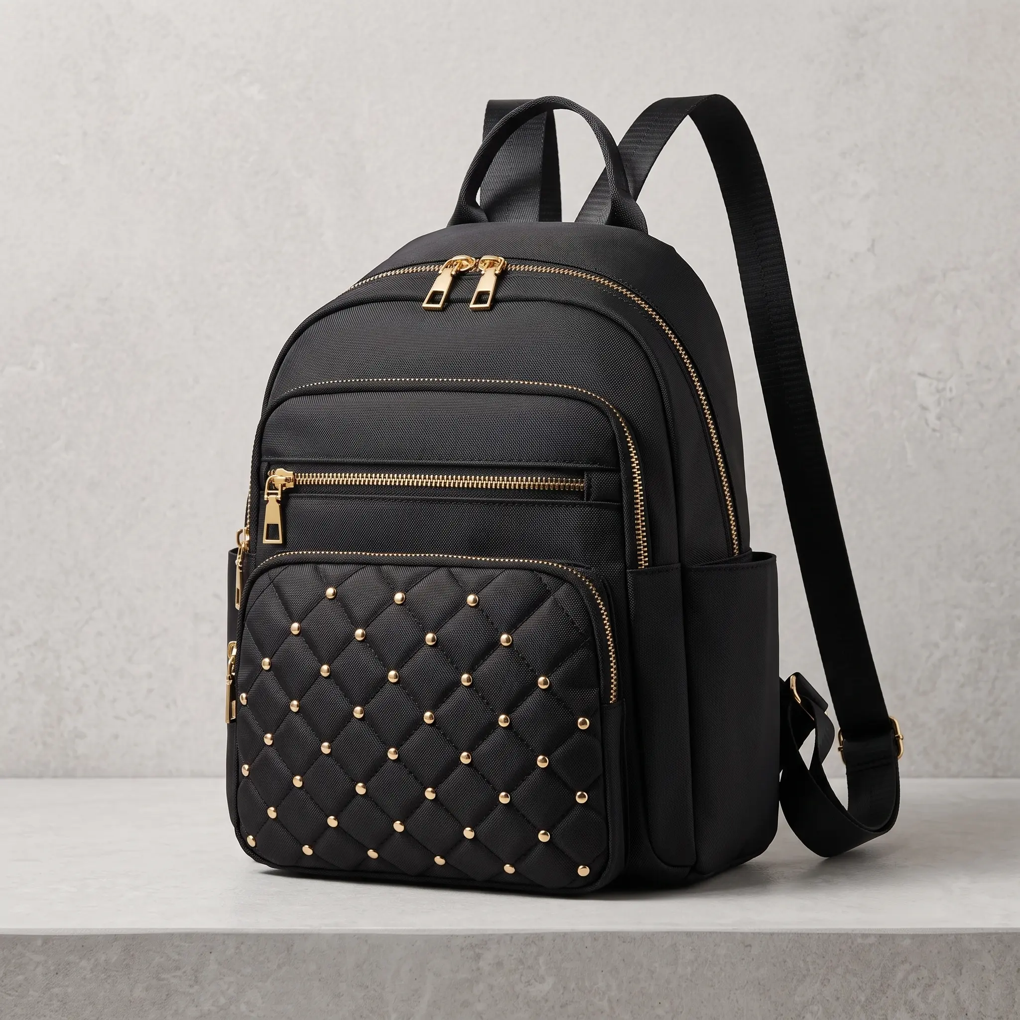 Women's Chic Canvas Backpack, Quilted Embroidery with Rivets, Water-Resistant Daily Use Bag with Multiple Pockets and Adjustable Straps, Daily Use Bags, Chic Unisex, Full-Zip Front, Quilted Plain, Rivet Accents