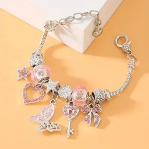 Women's Princess-Style Adjustable Charm Bracelet, Pink Heart-Butterfly-Star Pendant, Sparkling Crystal 5th Birthstone Elegant Jewelry for Anniversary