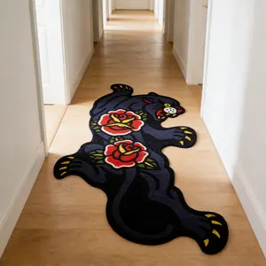 Vintage Street Style Rose Leopard Carpet Mat, Soft Easy Clean Plush Rug, Decorative Rug, Modern Trendy Art Home Decor for Living Room Bedroom