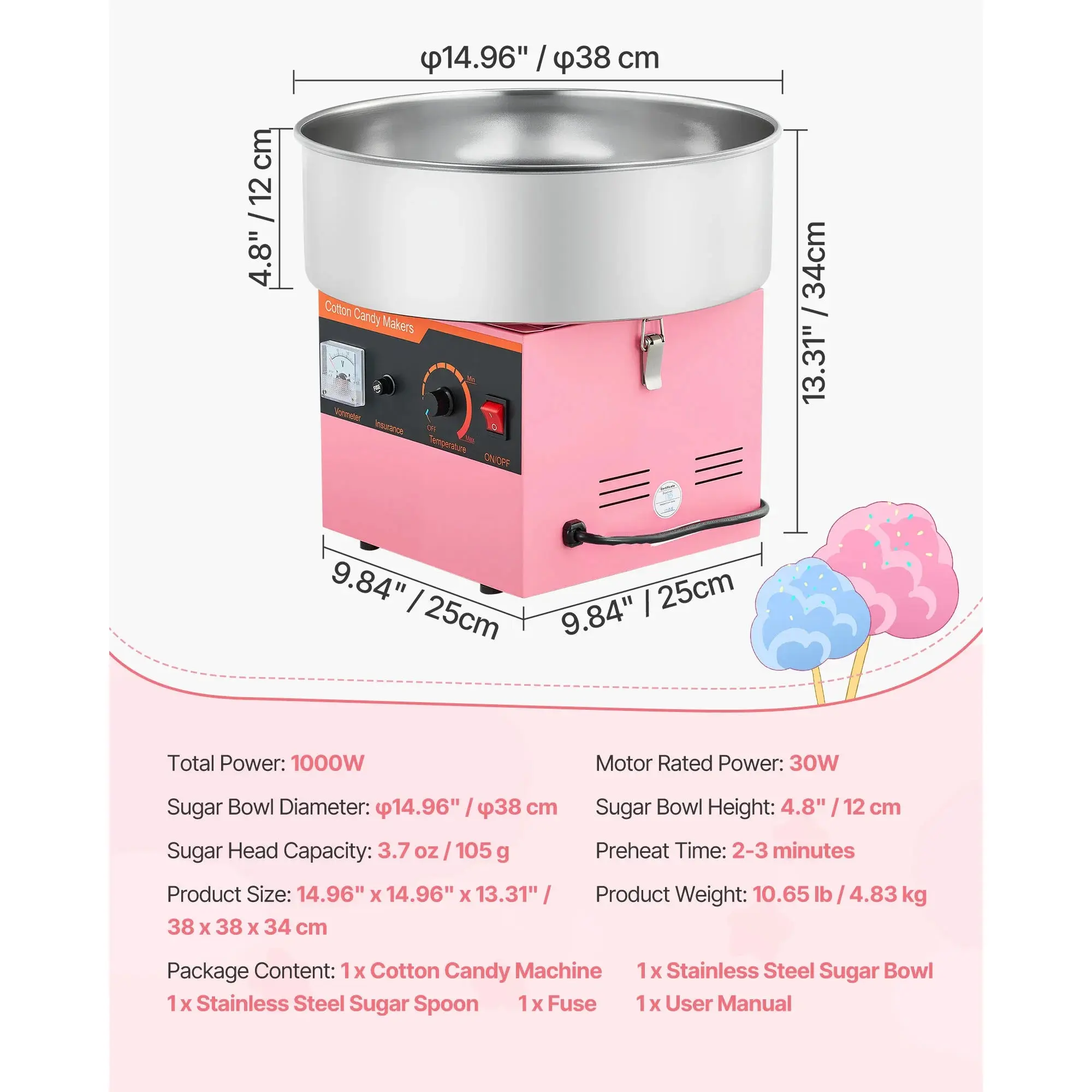 SucceBuy Commercial Cotton Candy Machine - 1000W Electric Candy Floss Maker, Compact, Small Footprint, Stainless Steel Construction