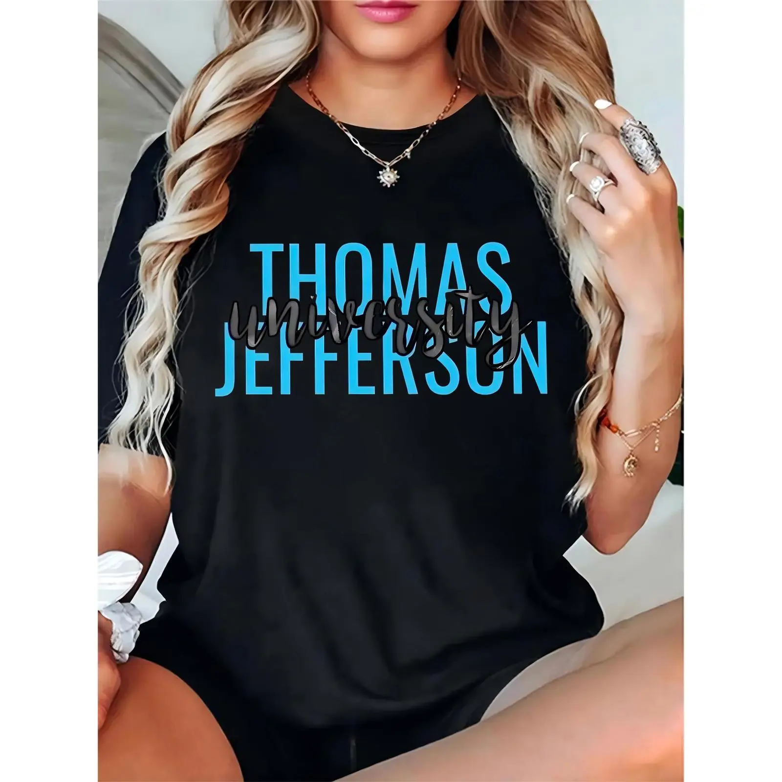Women's Thomas Jefferson University Graphic Short-Sleeve Crew Neck Cotton T-Shirt - Black, Lightweight, Breathable, Comfortable Fit Tee with Skirts Compatibility for Students, Daily Wear, Tshirt, Graphic Front, Top