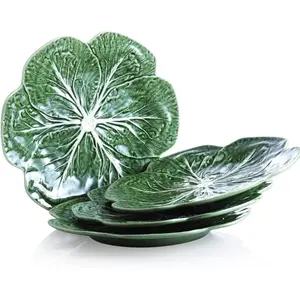 Bordallo Pinheiro Cabbage Green Dinner Plate Set of 4 with Wine Savant Cleaning Towel - Gourmet Kitchen Presentation Lettuce Serving Dish Platter For Dinner, Party, Wedding Tableware