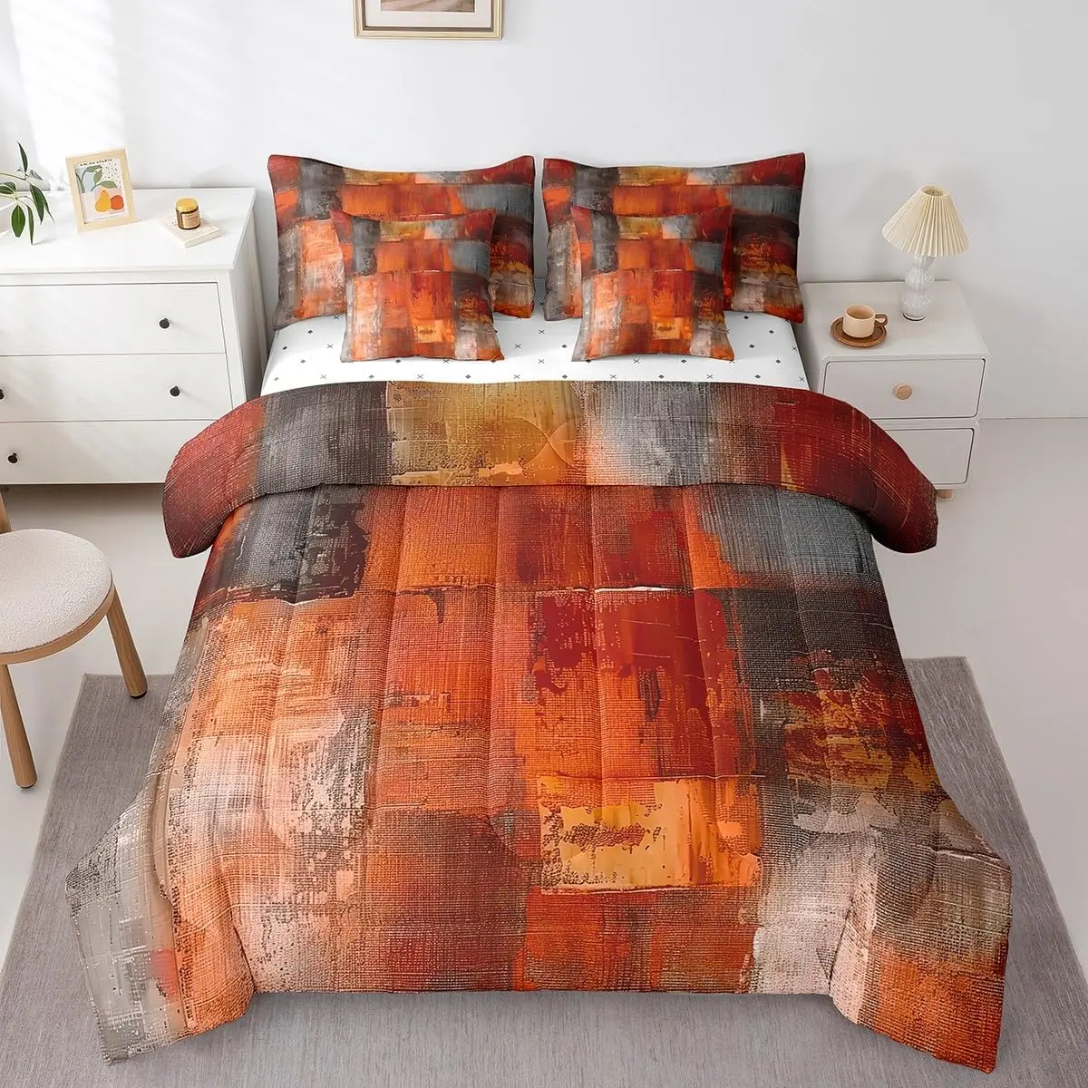 Feelyou 7pcs Contemporary Abstract Art Comfy Bedding Set - Orange-Red Grey Watercolor Oil Painting Quilt Set, Vintage Grunge Bed-in-a-Bag, Home House Decor for Adults' Bedroom