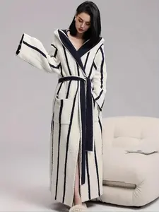 [COZY Soft Plush Feel] Women's Striped Print Long Sleeve Bathrobe, Casual Soft Comfortable Warm Oversized Hooded Robe, Ladies Sleepwear & Loungewear for Fall & Winter