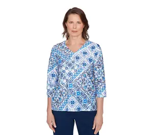 Alfred Dunner Women's Aegean Tile V-Neck Top