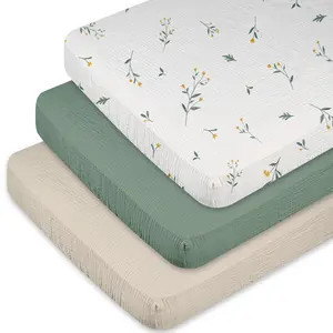 3 Pack Baby Muslin Mini Crib Sheets, Breathable Pack and Play Sheets Fitted Soft Cozy Fabric Pack N Play Sheets for Baby Boy Girls, Universal Fitted Mini Crib Mattresses 38"x26" Soft Warm Bedding