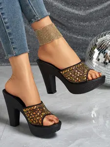 Women's Elegant Classy Stylish Classic Fashion Footwear Water Drill High Heel Sandals, Artificial Leather Round Toe Cone Heels, Medium Width Plain Design