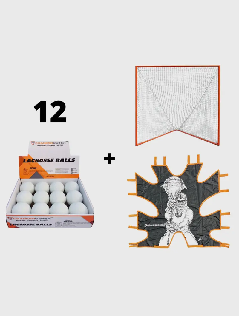 Crankshooter® LAX Pro Bundle Kit: Tournament Goal 6'x6'x7' + 5mm Net + Shot Trainer + 1 Dozen White Game Balls
