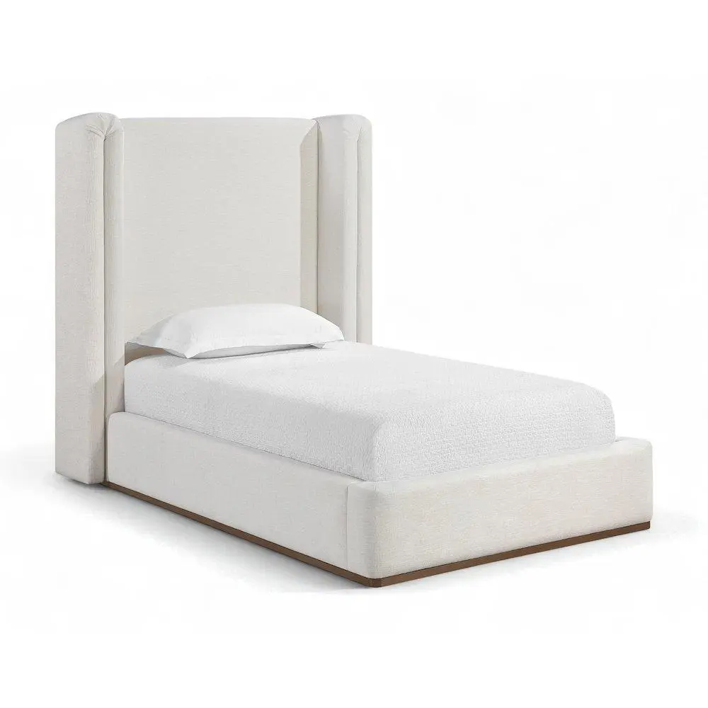 Contemporary Rectangular Solange Twin Size Bed - Cream Linen-Textured Fabric Upholstered Indoor Furniture, Single, Fabric Base, Wood Frame