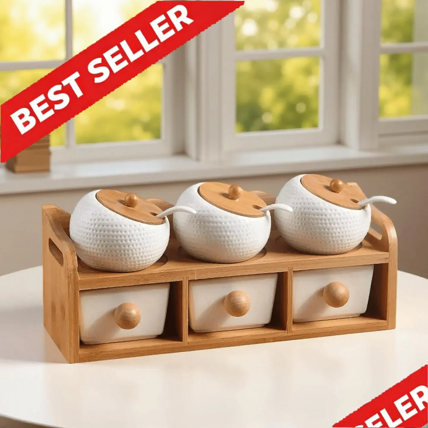6pc Ceramic Spices Containers & Seasoning Utensil Set with Spoon - Kitchenware, Double-Layer Wooden Rack, Lid, Aesthetic Countertop Organizer, Luxury 2026 Kitchen Utensils Decor Essential