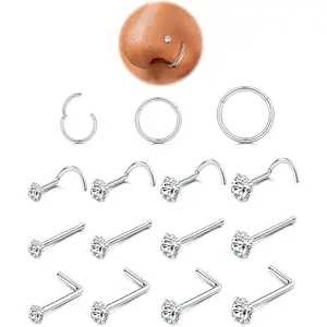 MILACOLATO Nose Rings for Women - 14K Plated Gold Filled Hypoallergenic Surgical Steel Nose Ring Hoops 18G/20G Small Cute CZ Straight Screw L Shaped Nose Studs Piercings Jewelry for Women Men 15Pcs, Hinged Nose Ring, Nose Piercing