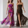 Women's Chic Strapless Backless Mesh Patchwork Tropical Leopard Print High Slit Polyester Bodycon Long Tube Dress - Party Going Out Outfit, Night Wear,sohochic