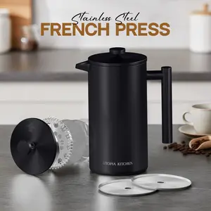 Utopia Kitchen 304 Grade Stainless Steel French Press Coffee Maker 34 Oz, Double Wall Insulated Coffee Press with 4-Level Filtration System, Include 2 Extra Filters, Rust-Free, Dishwasher Safe, Silver & Black