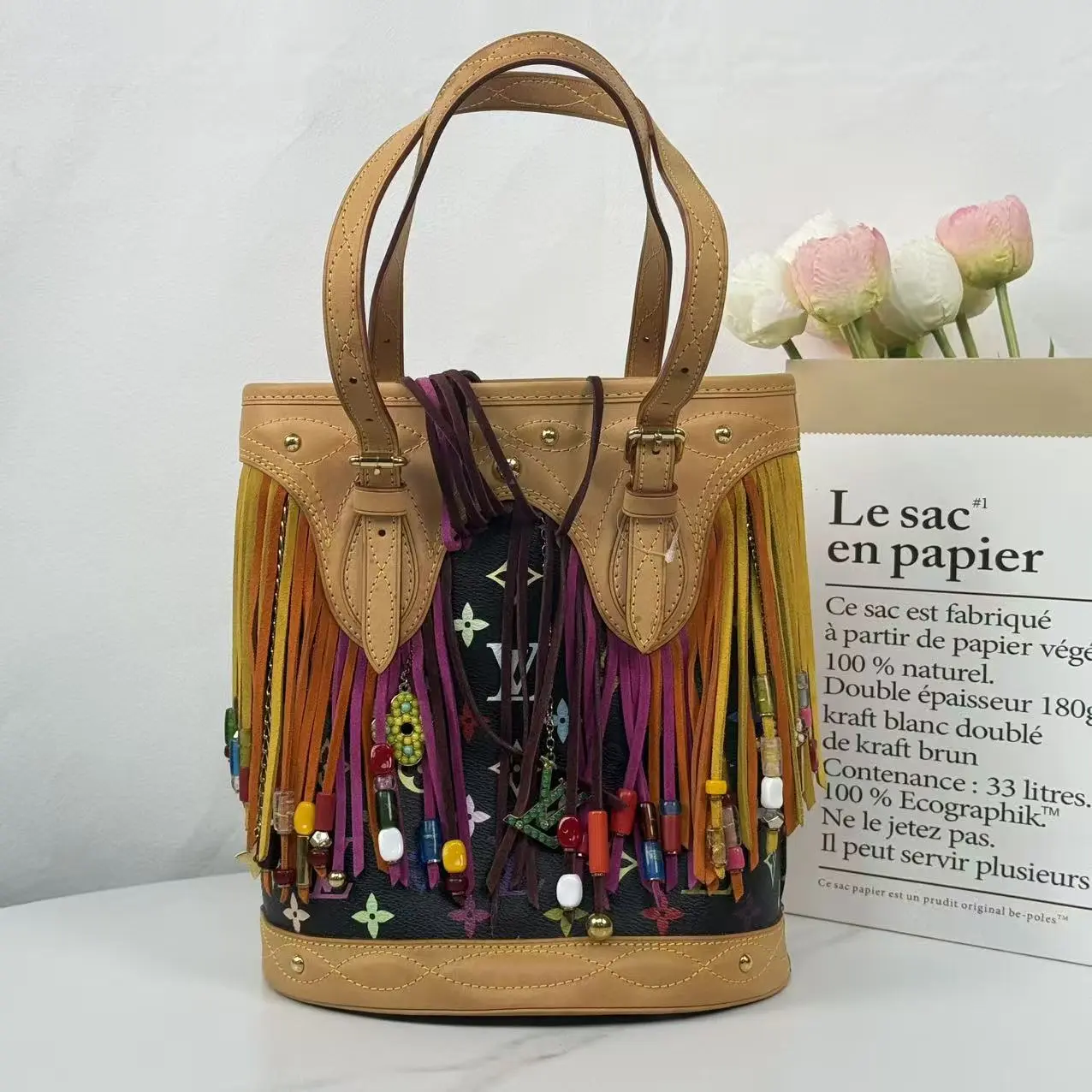 Pre-owned Louis Vuitton "Limited Edition Monogram Multicolore Fringe Bucket Bag w/ Accessories Pouch "