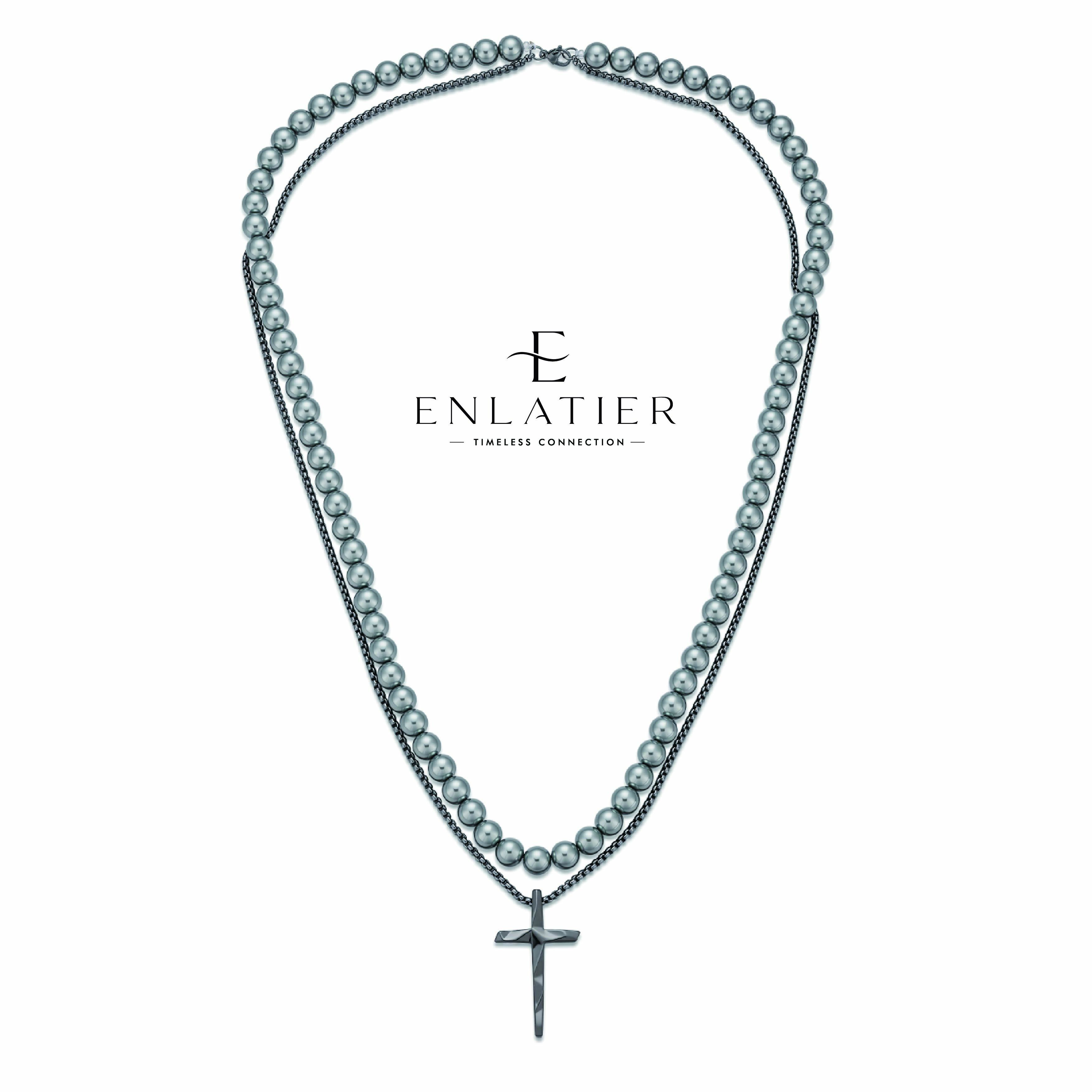 Vintage Faux Pearl Necklace 8mm With Gunmetal Alloy Cross Pendant, Double Layer Beaded Chain, Men's Women's Hip Hop Gothic Punk Jewelry, Religious Gift, Streetwear Fashion Accessory