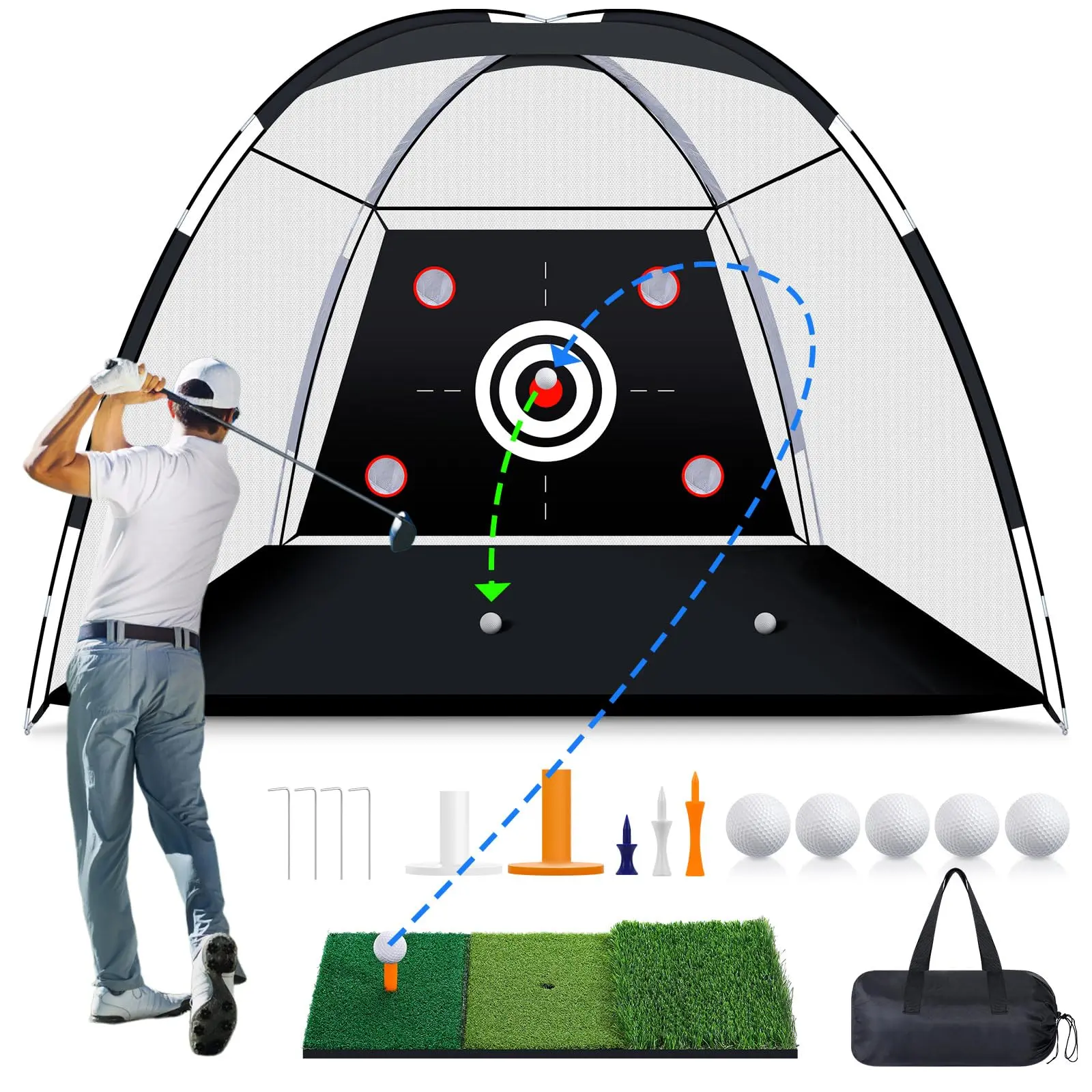 MoKo 10x7 ft Golf Hitting Net with Tri-Turf Practice Mat, All-in-1 Multi-Target Training Aid for Indoor/Outdoor Backyard Driving, Chipping, Swing Training, Black Golf Practice Tool