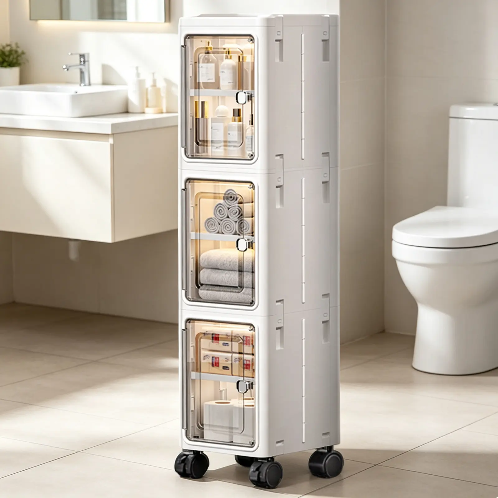 3-Tier Slim Plastic Storage Cabinet with Clear Doors & Adjustable Shelves, Foldable Narrow Organizer for Bathroom, Kitchen & Small Spaces