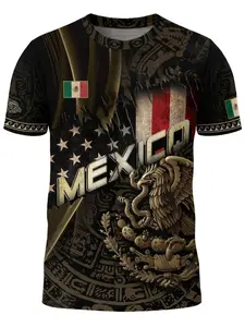 Mexico Usa Flag Golden Eagle Aztec Animal Print Pattern Heritage Unity Pride Power Cultural Round Neck Shirt, Animal Graphic Tee, Long Fitted Casual Top, All Seasons Wear