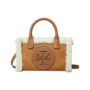 Tory Burch Ella Mini Tote Bag in Camel with Double T Logo and Wool-Leather Blend for Women