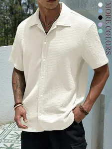 Men's Textured Button Front Shirt, Casual Regular Fit Short Sleeve Collared Top for Summer, Summer Leisure Top 2024, National Day Clothing, Men's Clothes for Daily Wear, Menswear