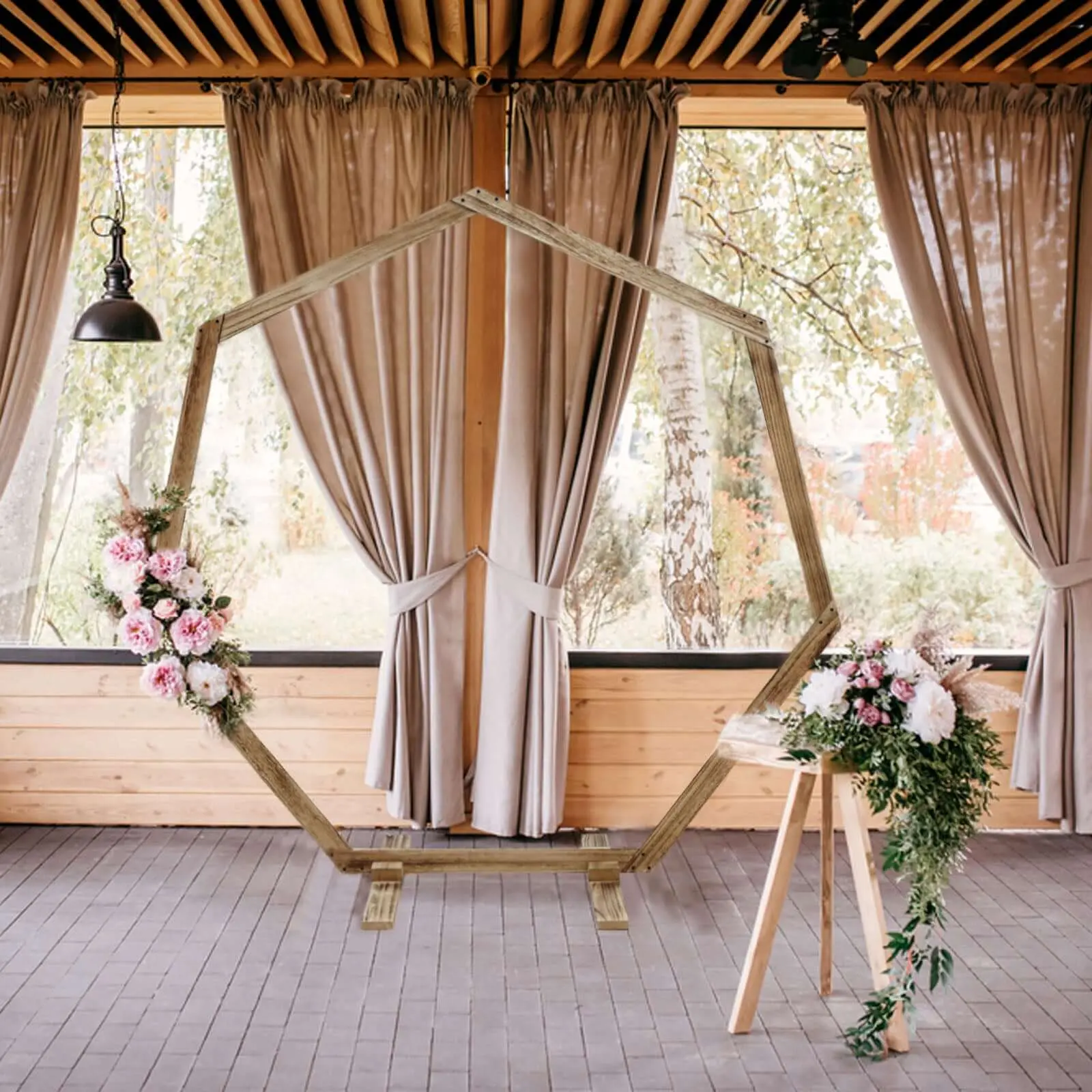 7ft Wooden Heptagonal Rustic Wedding Arch - Lightweight Single-Person Assembly Backdrop Stand for Indoor Decorating, Includes Screws