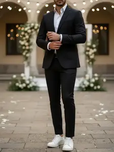 Men's Fitted 2-Piece Suit Set, Plain Color, Ideal for Weddings & Modern Formal Business Occasions, Fashionable Wedding