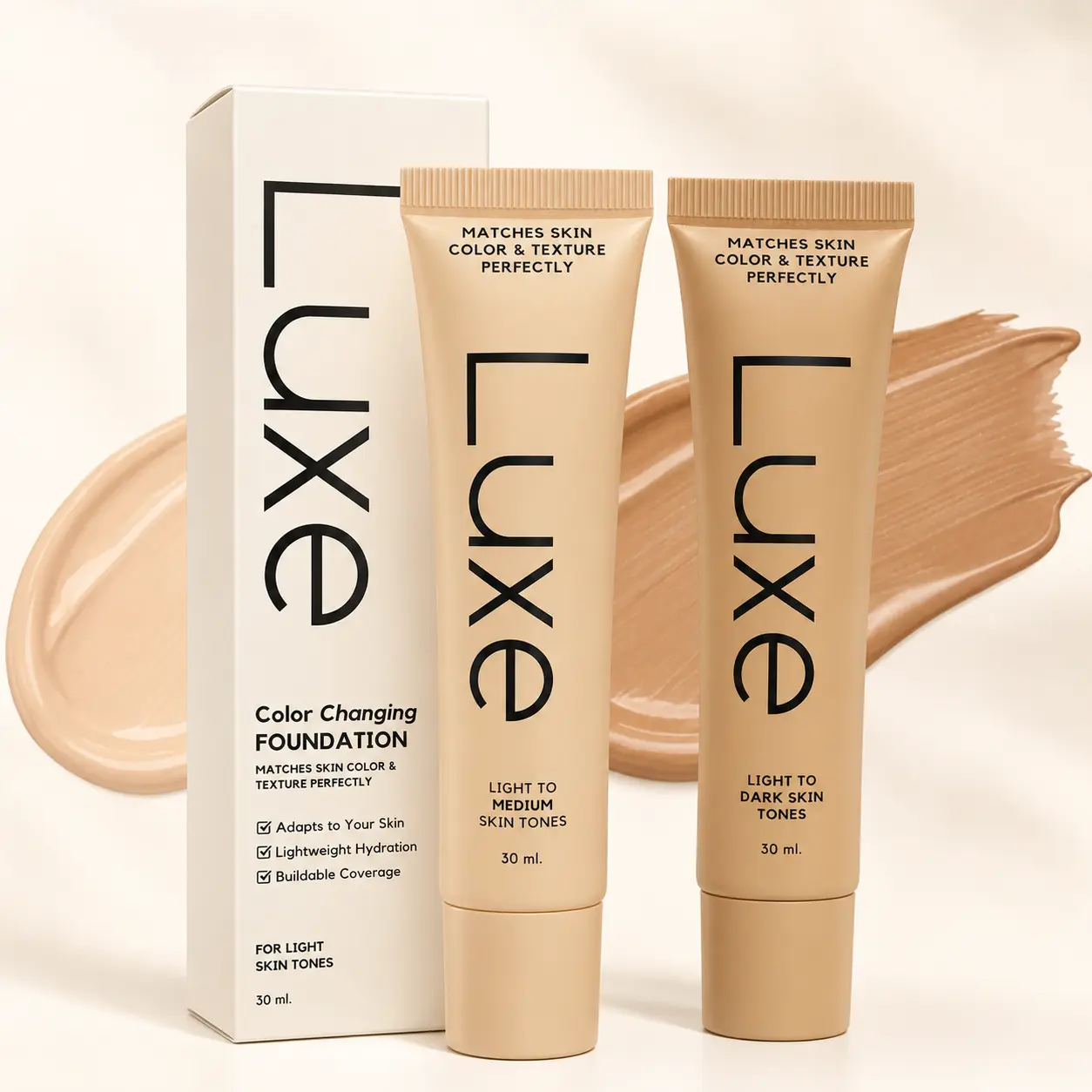 LUXE Color Changing Foundation - Hydrating, Tone-Adapting Liquid Makeup with Lightweight Feel, Buildable Coverage, Centella Extract, Matches Any Skin Tone, All Skin Types, Tube Pack, 30 mL (Light BL03 or Medium BL10)