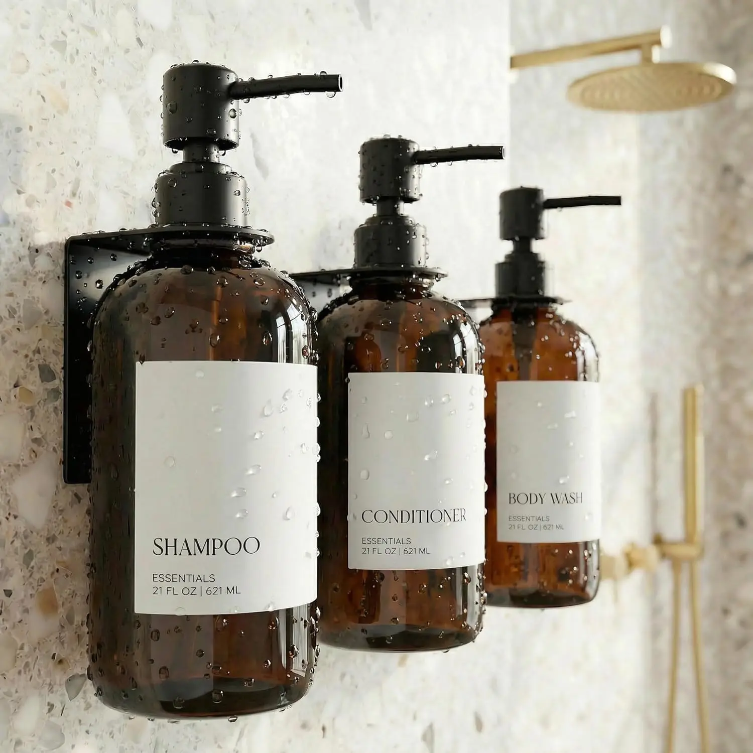 3-Piece Dispenser Set, Modern Solid Wall-Mounted Shower Bottles, Drill-Free Install for Women's Bathroom Decor, Three Pieces