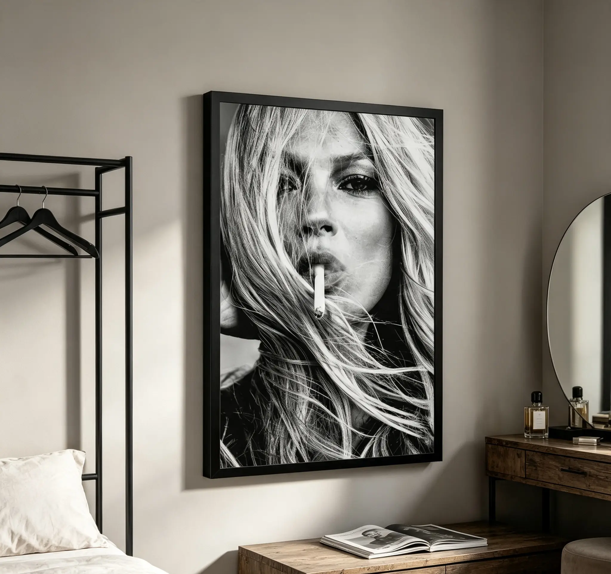 Kate Moss Black-White Vintage Canvas Poster, Iconic Supermodel Smoking Grunge Moody Wall Art Print, Home Decor for Bedroom & Loft, Fashion Art Lover Collectible Gift