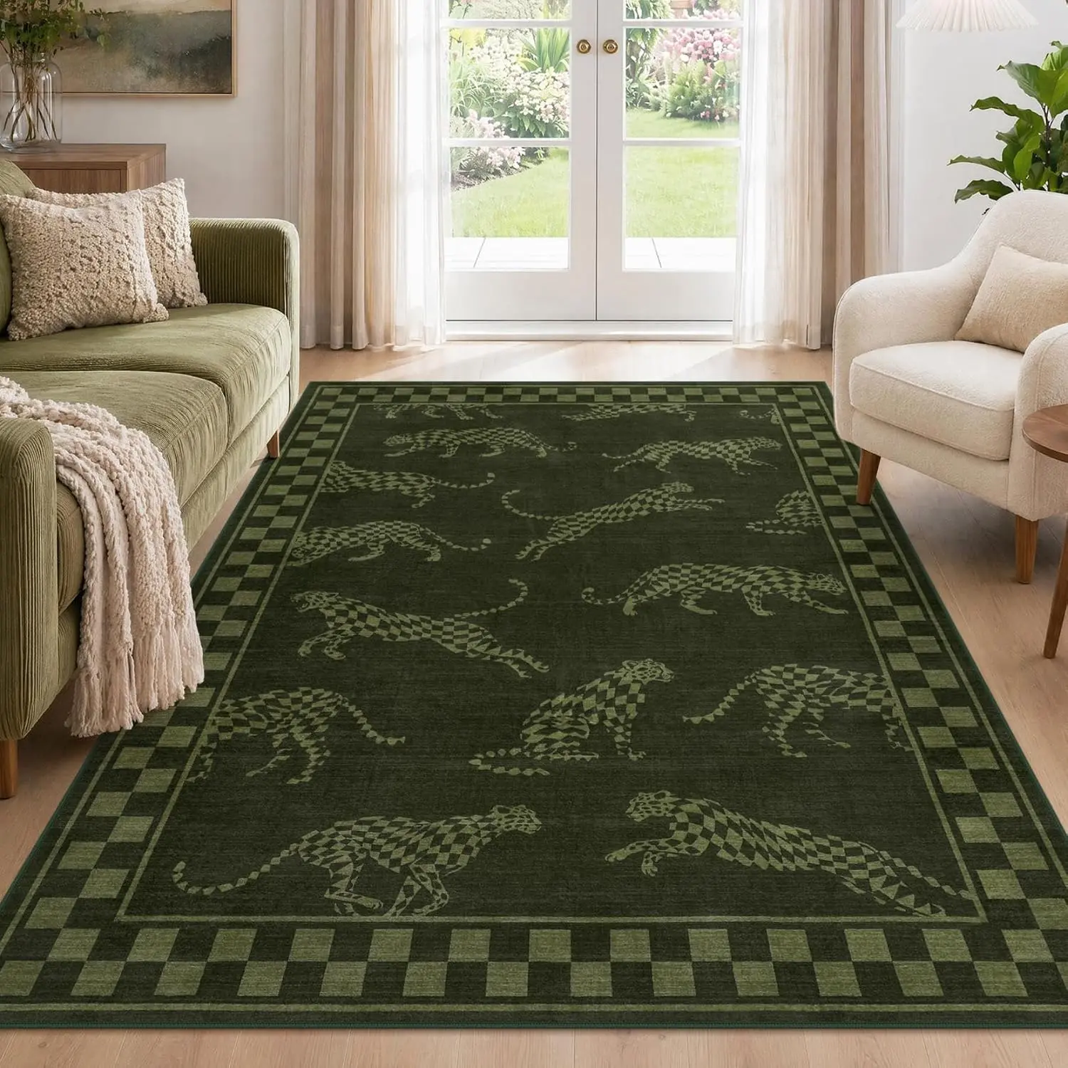 Tribesigns Checkered Leopard 5x7/8x10 Green Beige Area Rug for Living Room Bedroom | Machine Washable, Cheetah Print, Non-Slip Backing with 4 Rug Tape, Soft Low Pile, for Boho Animal Dining Room Playroom Office