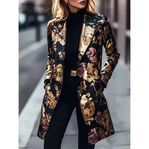 Women's Mid-Length Printed Blazer - Loose Fit Long Sleeve Single-Breasted with Pockets, Black Gold Red White Tone, Machine Washable, Suitable for Casual and Professional Wear, Elegant Design, Luxurious Fabric