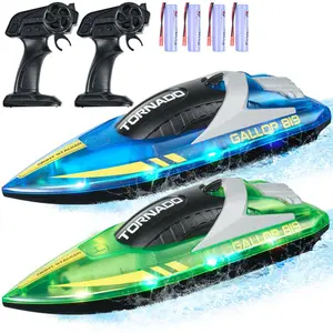 【FathersDayGift】VEVOR RC Boat, 2 Pack 2.4GHz 12 km/h, Remote Control Boat for Pools & Lakes, Racing Boat with LED Light, 4 Rechargeable Batteries, Whole Body Waterproof, Gift for Adults Boys & Girls, Blue & Green