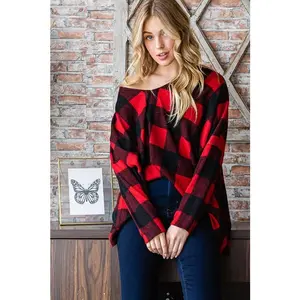 Red/Black Buffalo Plaid Vneck Oversized Top