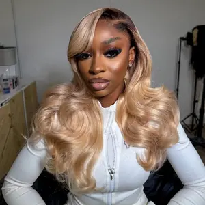 Ombre Blonde with Dark Root Body Wave 13x6 Lace Front Human Hair Wigs 180% Density Ash Blonde Colored Brazilian Hair Wig with Elastic Strap Pre Plucked for Women