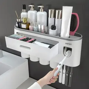 Wall-Mounted Organizing Toothbrush Holder with 4 Cups, Large Capacity Tray, 2 Cosmetic Drawers, Includes Toothpaste Dispenser, Space-Saving Bathroom Organizer Set, Toothbrush Storage, Bathroom Accessory, Home Goods, Toothbrush Holder Organizers