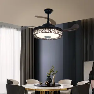 42inch Ceiling Fan with Lights Bluetooth Speaker Retractable Blades 3 Color Dimmable LED Chandelier 3 Speeds Black Invisible with Remote Control Silent Motor for Modern Aesthetics