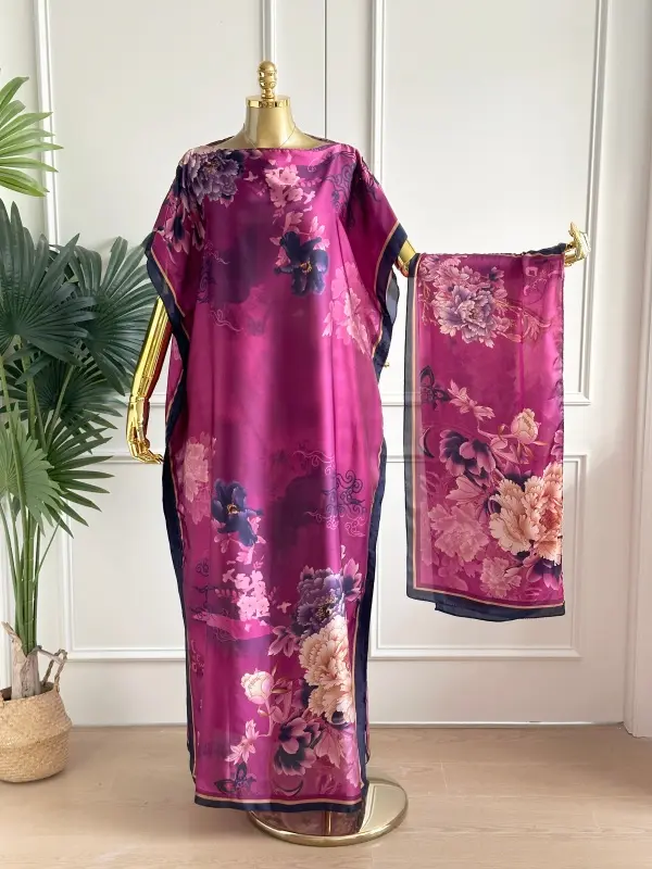 Women's Floral Print Long Dress & Scarf Set, Boho Casual Shawl Dress & Scarf Matching Set for Beach Vacation Holiday, Ladies Clothes for All Seasons Womenswear Boho Slight Stretch