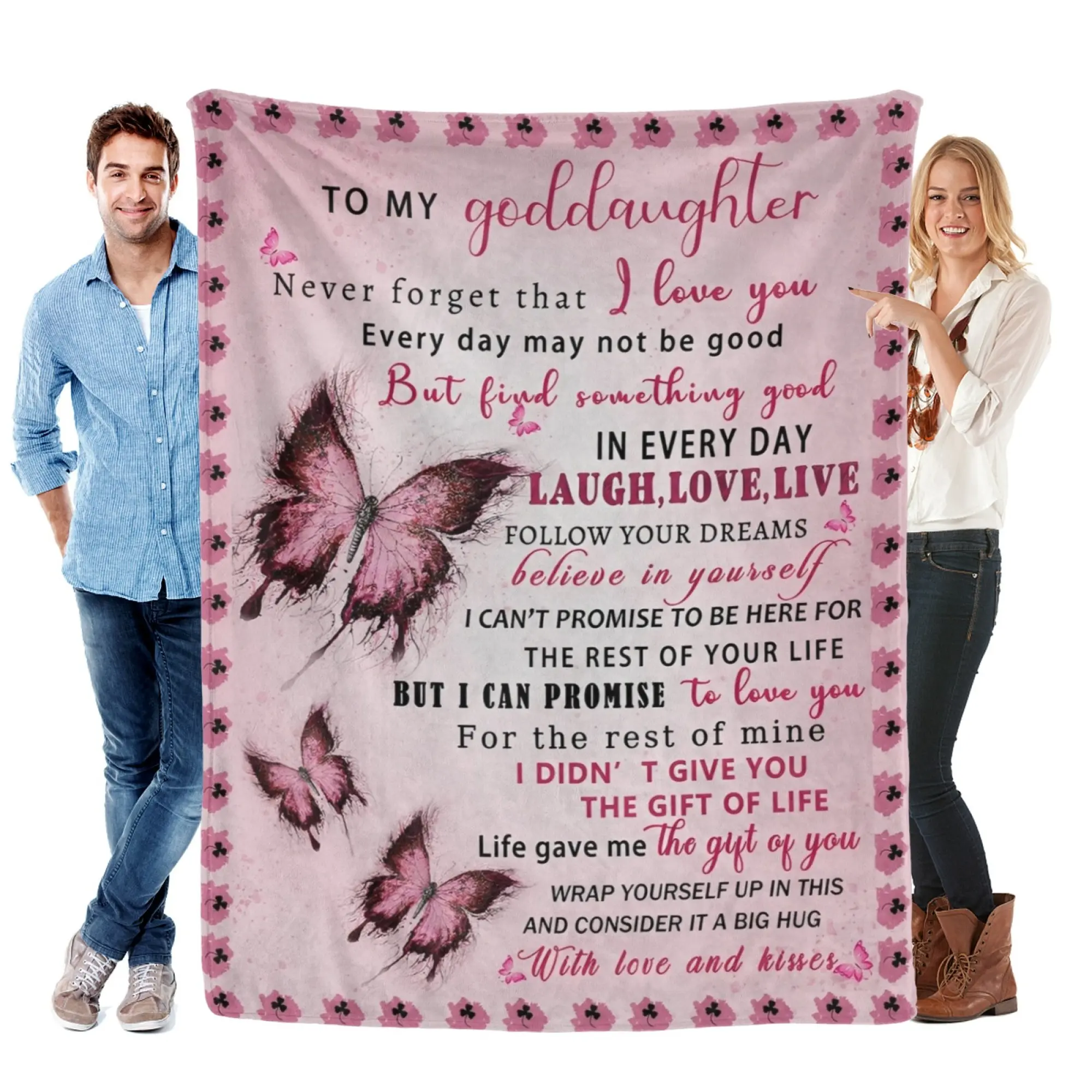 Goddaughter Blanket from Godmother, Goddaughter Gifts from Godmother, God Daughter Gift for Birthday, Graduation, Christmas, Soft  Throw Blanket, Pink Butterfly, 60"x50" cooling flannel blanket