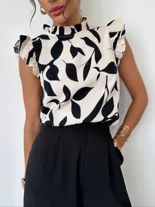 Women's All Over Print Blouse, Casual Elegant Cap Sleeve Top for Summer, Ladies Clothes for Daily Wear, Casual Ruffle Blouse, Womenswear