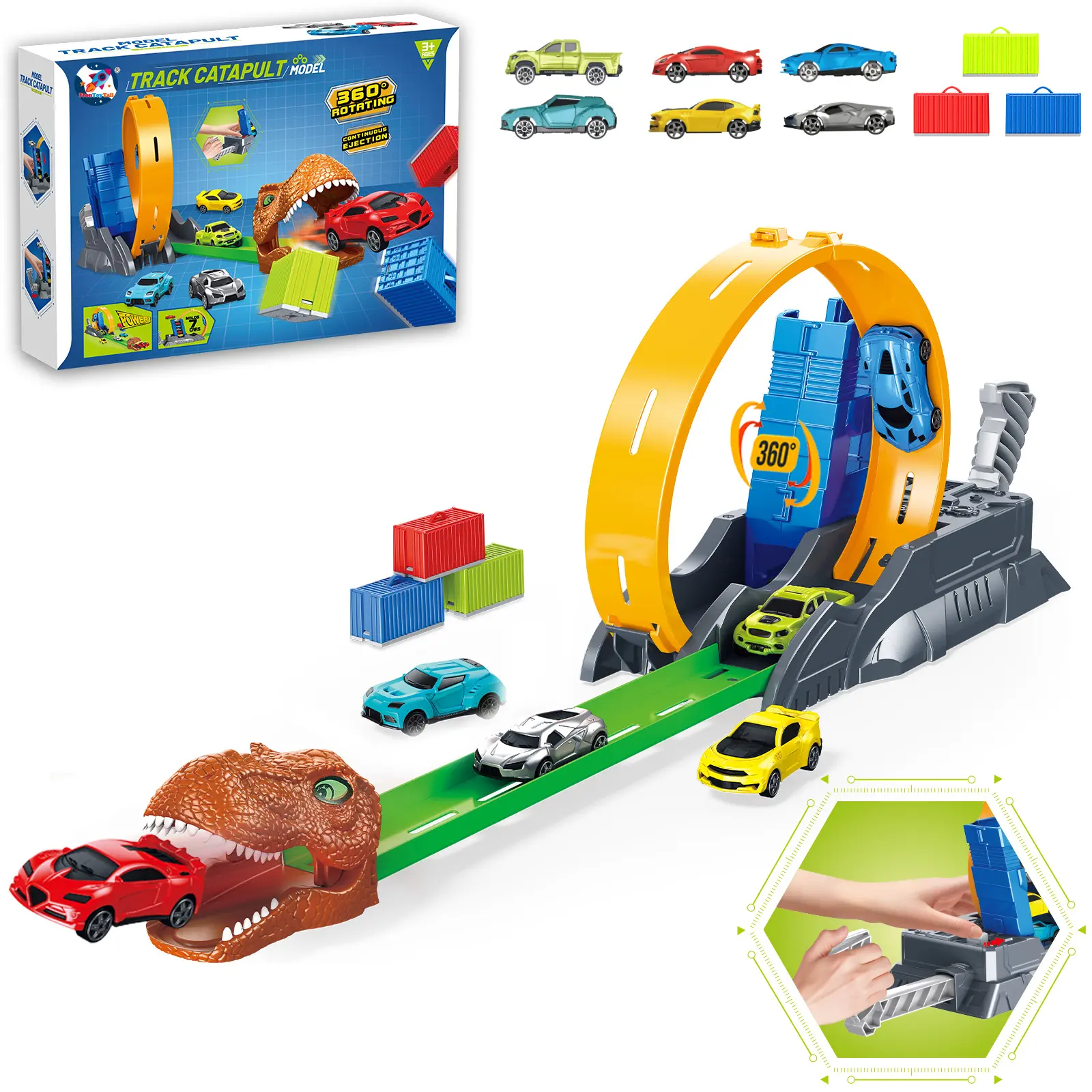 Frontoytall BPA-Free T-Rex Dinosaur Race Track Toy Set - 360° Rotating Loop, Launcher Tower, 6 Die-Cast Cars, Track Accessories, Construction & Transportation STEM Educational Building Playset Gift for 3+ Year Kids (Children Development Focused)