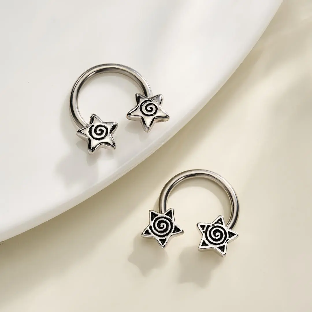 OUFER BODY JEWELRY 2-Piece 16G 316L Stainless Steel Star-Shaped Spiral Design Horseshoe Septum Rings, Hypoallergenic Durable Body Jewelry for Daith, Nose Piercings, Body-Safe Piercing Jewelry