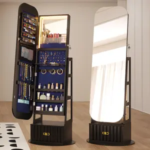 Miuvanity Round-Corner Design Full-Length Mirror with 360° Swivel & LED-Lit Features, Bottom Drawer Storage, Lockable Design living room decor