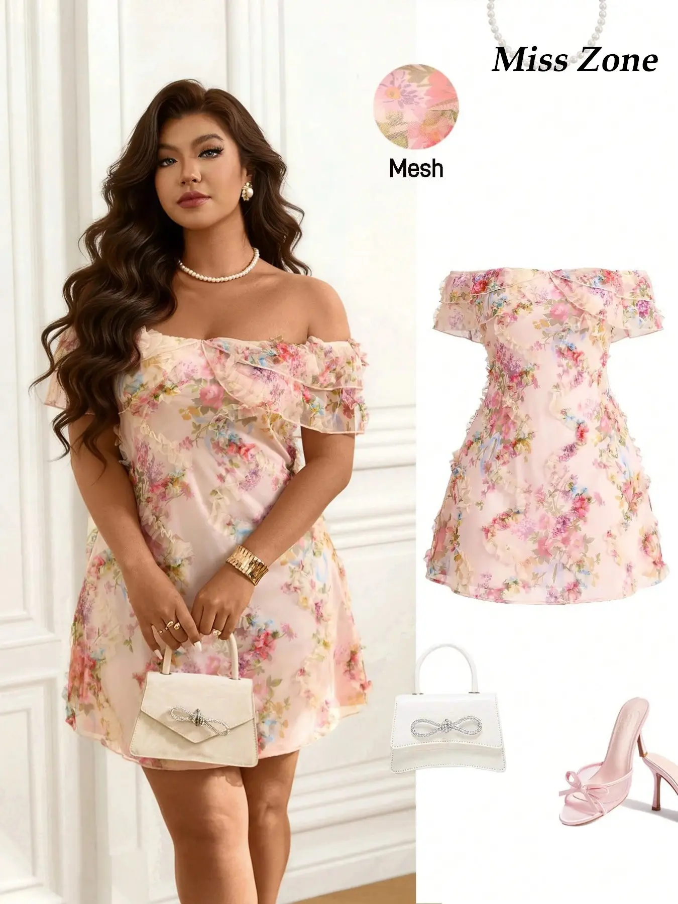 Women's Plus Size Off Shoulder Mini Dress 3D Floral Mesh Lightweight Ruffle A-Line Flowy Elegant Feminine Prom Wedding Guest Romantic Date Night Trendy Chic Ruffled Elegant Dresses
