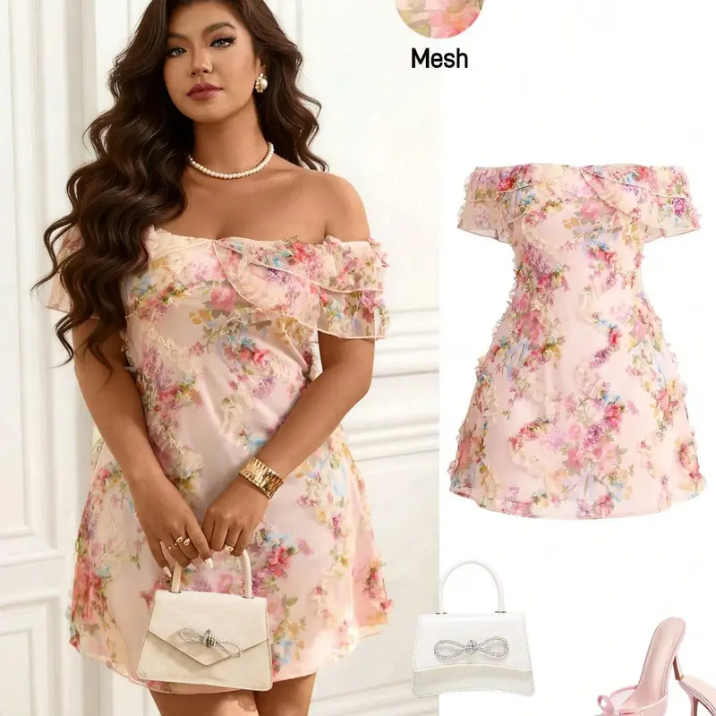 Women's Plus Size Off Shoulder Ruffled Mini Dress 3D Floral Lightweight Mesh Ruffle A-Line Flowy Elegant Chic Prom Wedding Guest Dresses Bridal Shower Dress Romantic Date Night Trendy