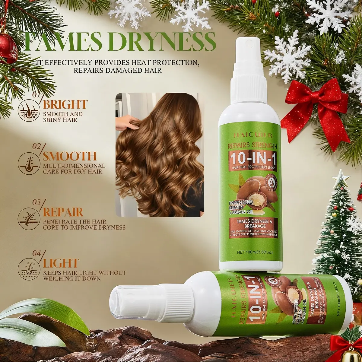 Ten-In-One Thermal Protection Spray, Heat Protectant Serum, Contains Moroccan Argan Oil & Hydrolyzed Keratin, Hydrating, Smooths, Anti-Static, Repair Split Ends, Haircare Product, Hydrated Hair
