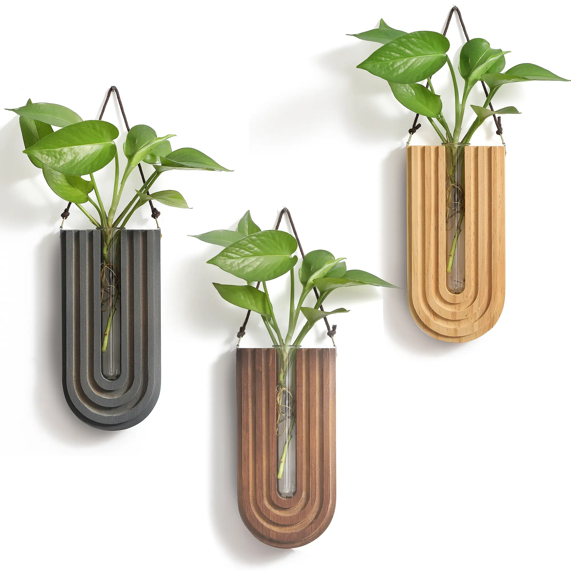 Wood Wall Planter Indoor, Propagation Station, Wooden Hanging Vase for Dried Flowers, Wall Plant Holder, Boho Wall Décor for Living Room U Rainbow Shape (Set of 3)