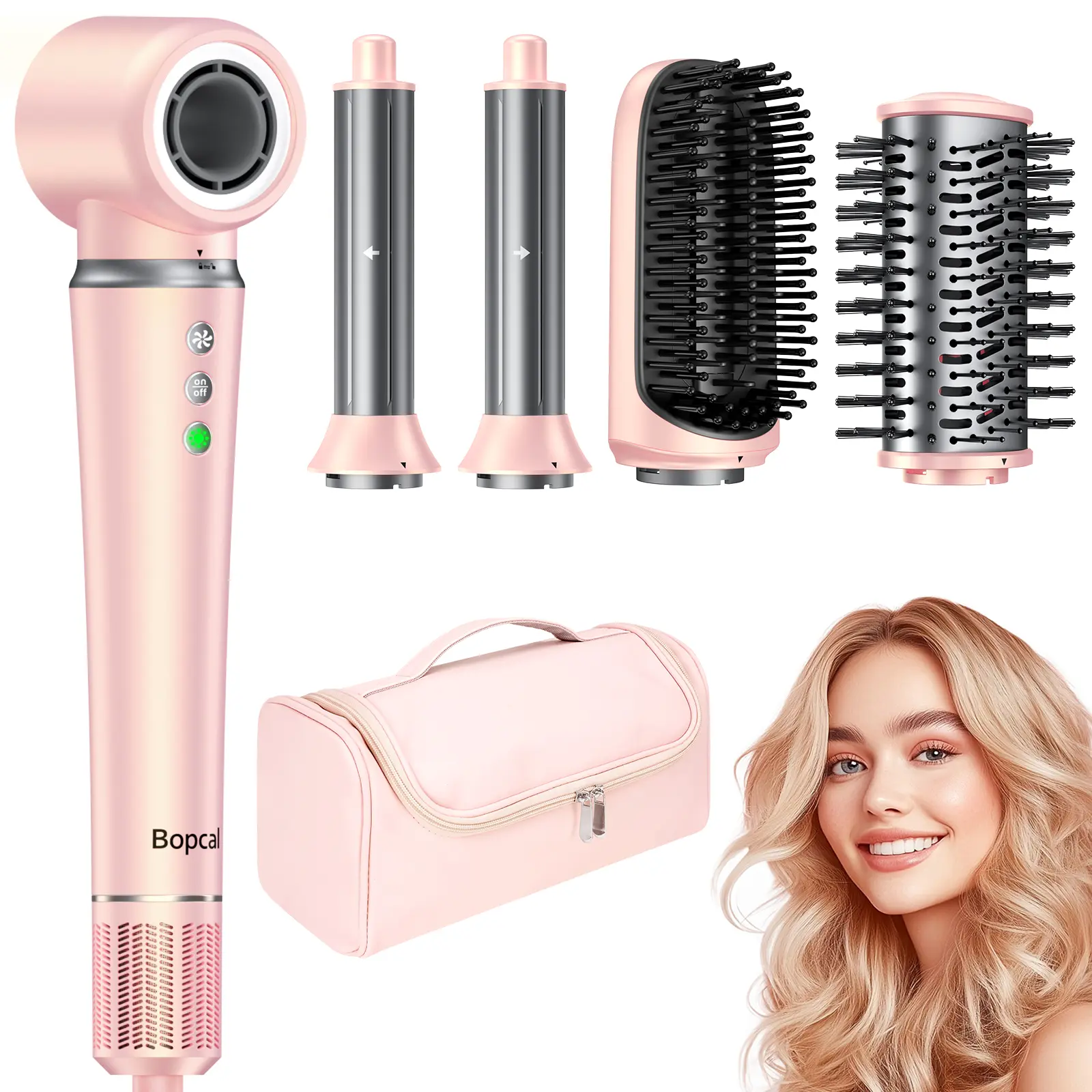 Bopcal 5-in-1 Round Brush Blowdryer Hair Dryer Brush - Multifunctional Automatic Curl Iron with Detachable Head, Blow-Dry, Straightening, Negative Ions, Ergonomic Design, Christmas Holiday Gift for Easy Curls, Multifunctional Hair Dryer, 5-In-1 Round Brus