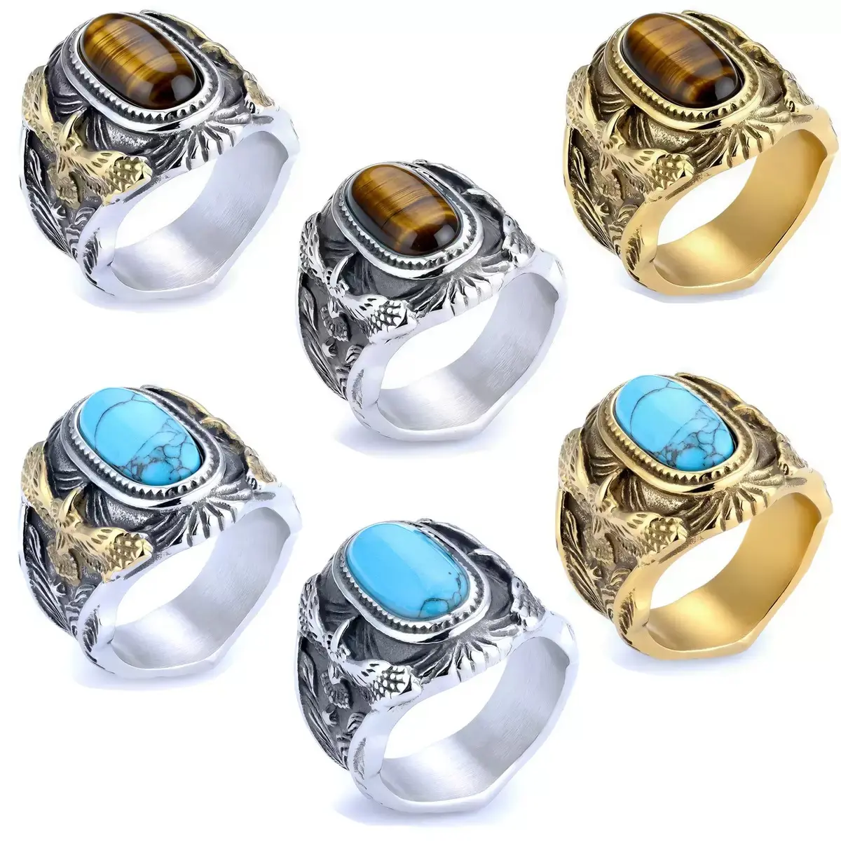 Men's and Women's Matching Rings - Personalized Engraved Flowers - Simple Square Turquoise Ring - Golden Gemstone - Neutral Design - Simple Oval Shape - Streetwear Style Ring